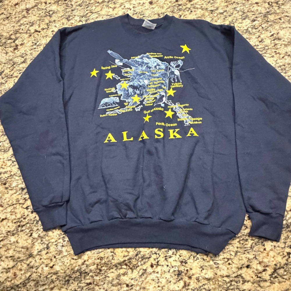 Vintage Alaska Map Graphic Sweatshirt Navy Blue Mens Large Souvenir Pullover v